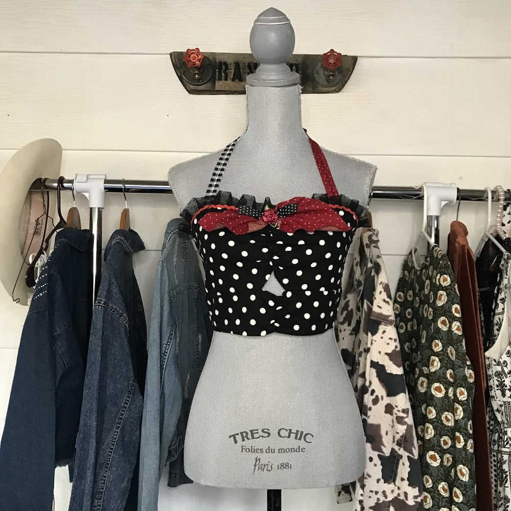 Tullea Upcycled Polka Dot Halter Crop Top Womens Size Medium